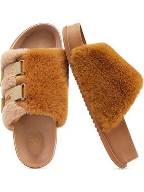 Women's Camel Soft Cushioned & Adjustable Fuzzy Faux Fur Home Slippers Slides